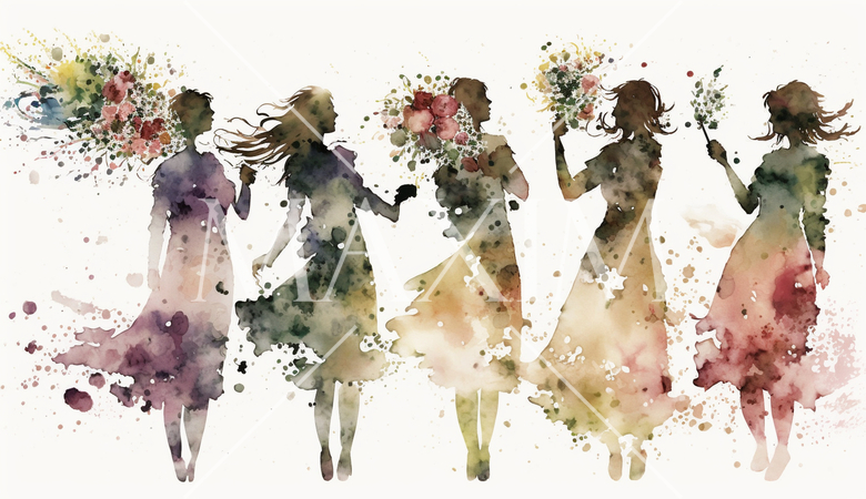 友達の結婚式に参加した帰りの女友達たち：ブーケを手に楽しそう