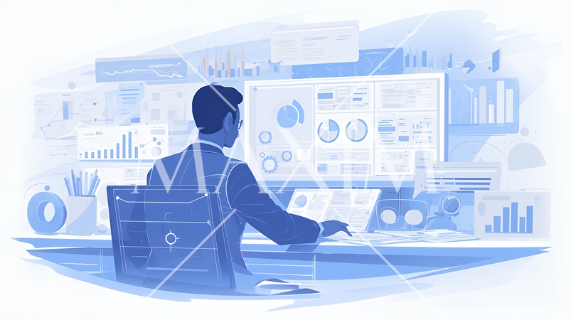 マーケティング・トレーディングデータなどの計量分析を行っている男性（シンプルな色使い）