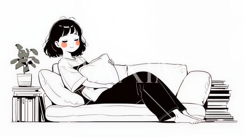 ソファでクッションを抱えてくつろぐ若い女性（シンプルな色使い）