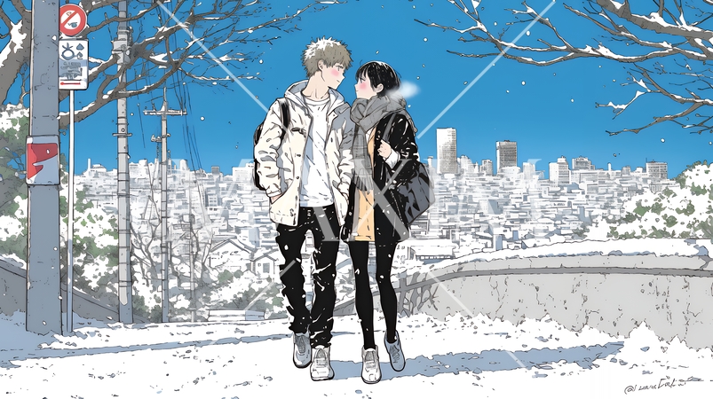 冬枯れ街をデートしている若い恋人たち