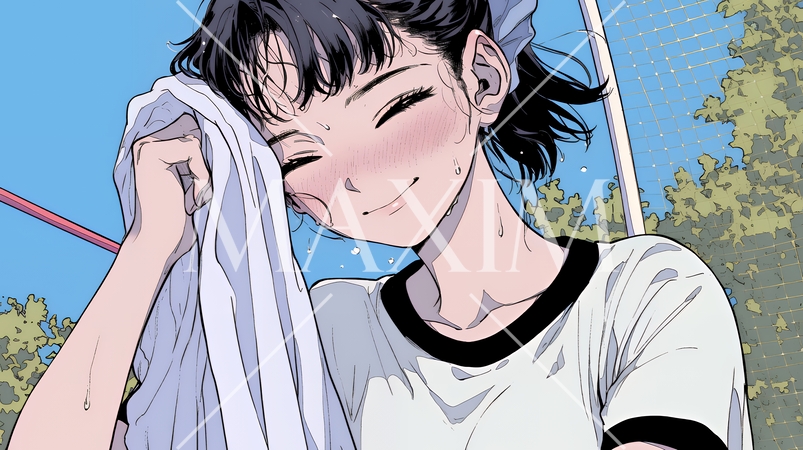 汗を拭っている若い女性