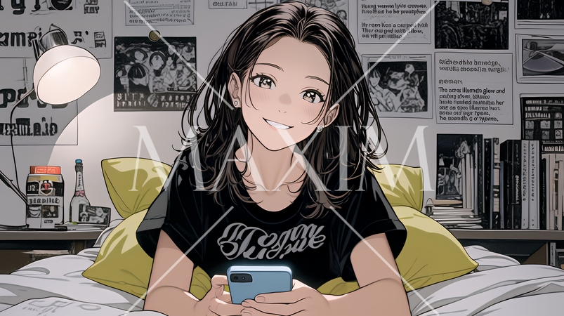 ベッドに横になってスマートフォンをいじくっている若い女性