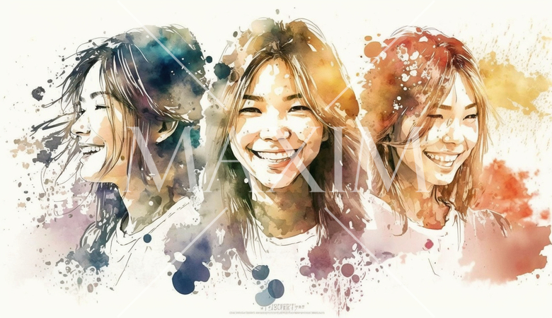 笑顔の若い女性たち：水彩画