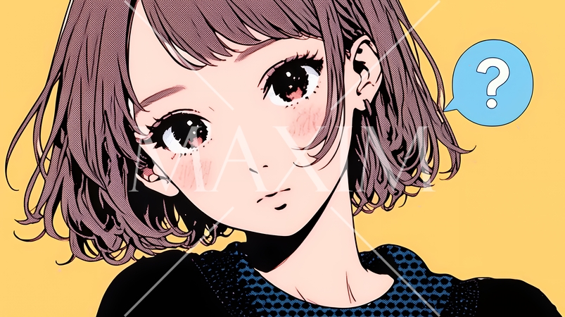 クエスチョンマークのある場面：疑問を感じて頭の中にクエスチョンマークが生まれている若い女性