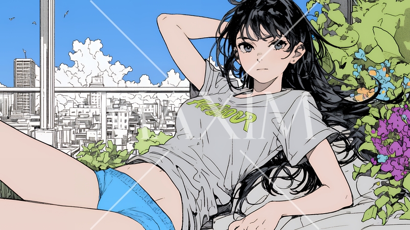 下着姿でくつろいでいる若い女性