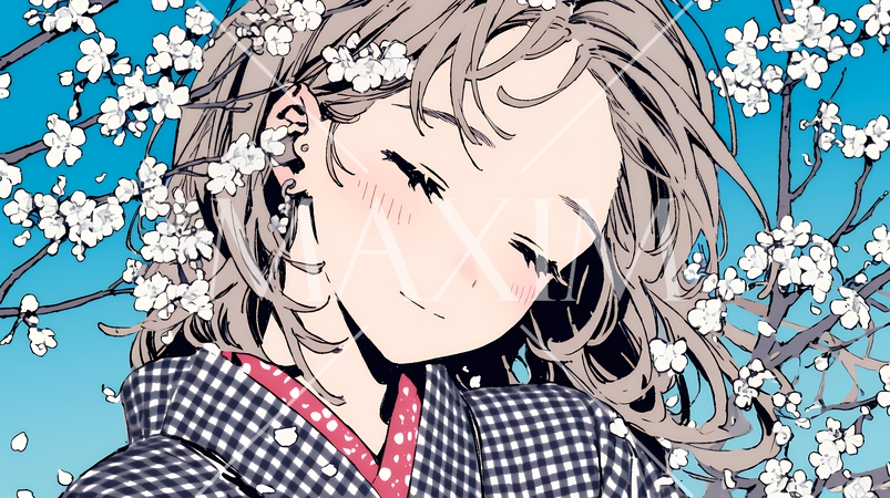 満開の梅の花と和服姿の若い女性