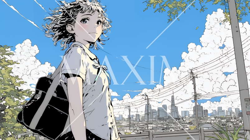 郊外の高台から都市のランドマークを眺めている女子高生