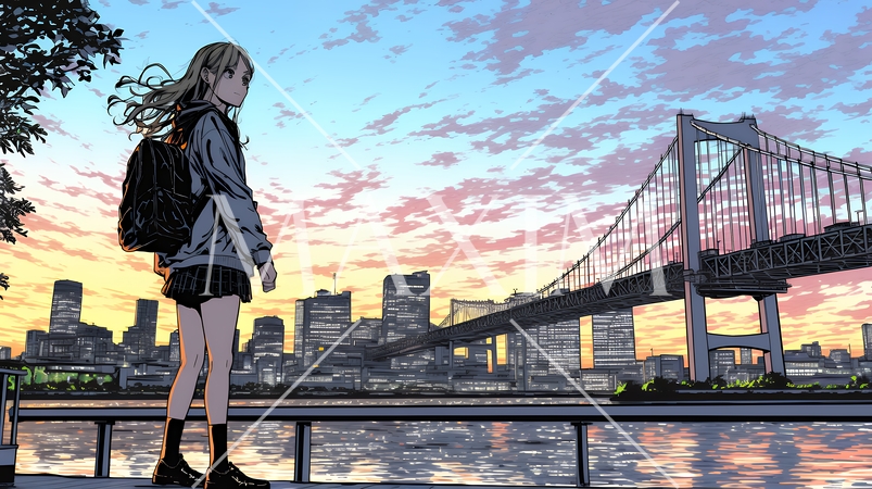 夕暮れ（朝の）都市のランドスケープを眺めている若い女性