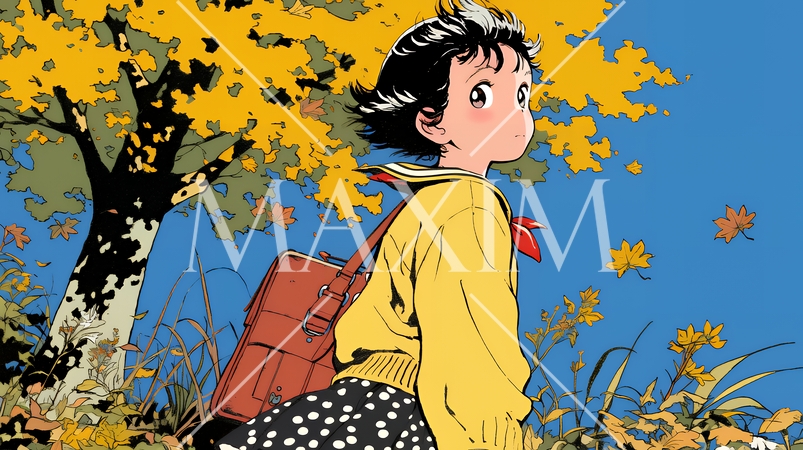 紅葉の小径を歩く少女