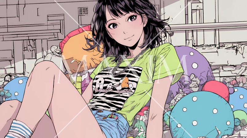 クッションがいっぱいのベッドで寛いでいる若い女性