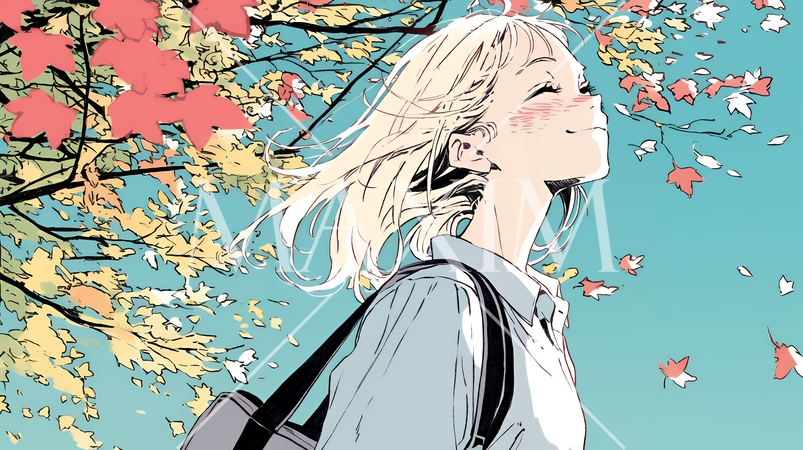 紅葉の秋の公園を歩く若い女性