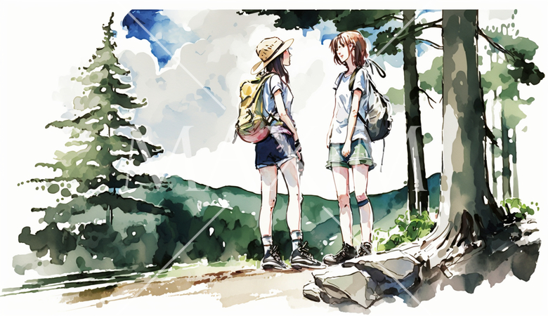 山にハイキングに来ている仲の良い若い女友達：水彩画
