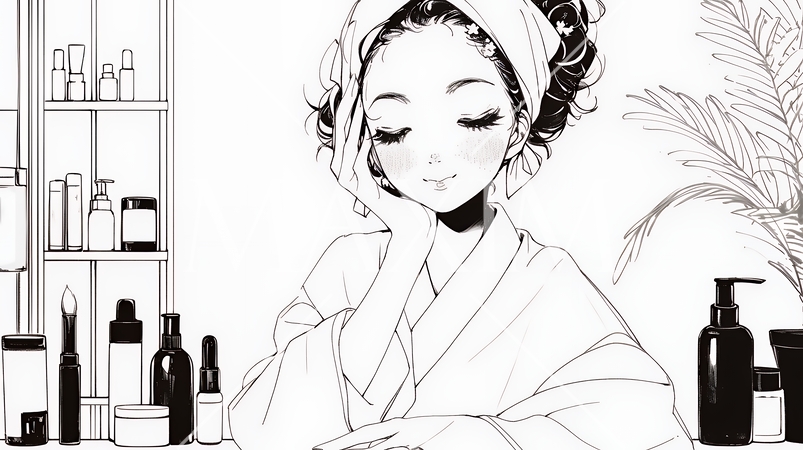 スキンケアを念入りに行う若い女性（シンプルな色使い）