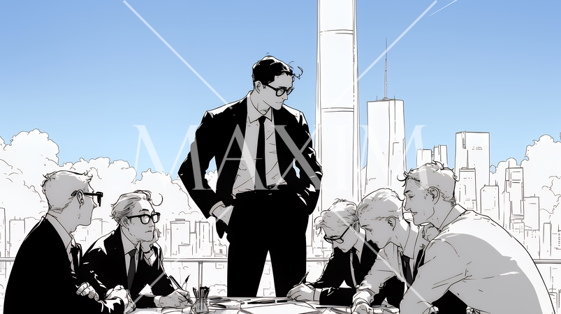 部下に企画を説明しているマネージャー（シンプルな色使い）