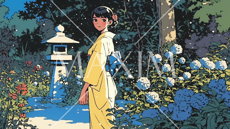 あじさいの小径を和服で歩く若い女性