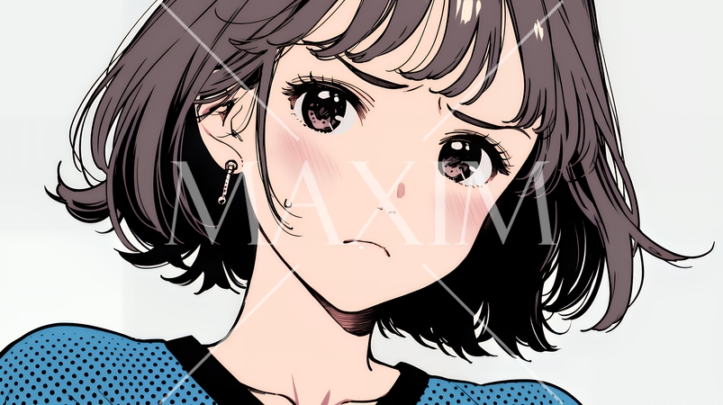 疑問や心配事、不快感、不満などを感じを感じて眉を潜めている若い女性