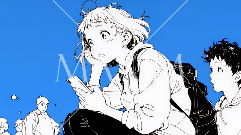 スマホの画面を見て驚いている若い女性（シンプルな色使い）