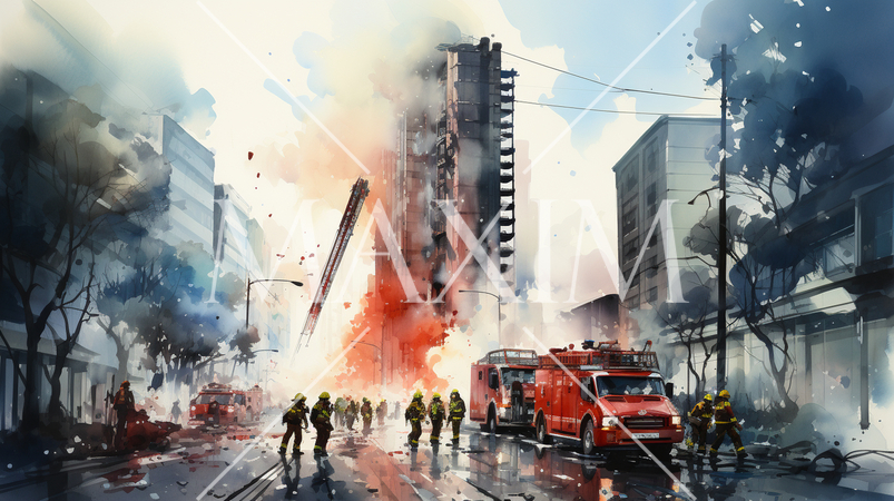 高層ビルの火災の水彩画