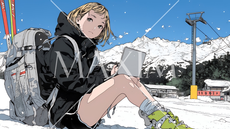 スキーリゾートに来ているのにPCを手放せない若い女性