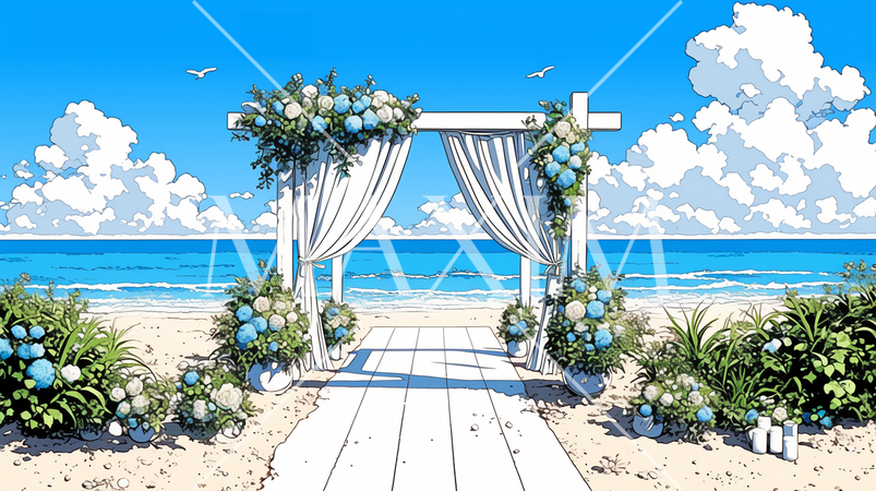 南国の海辺のバージンロード：青空と青い海が結婚する二人を祝福