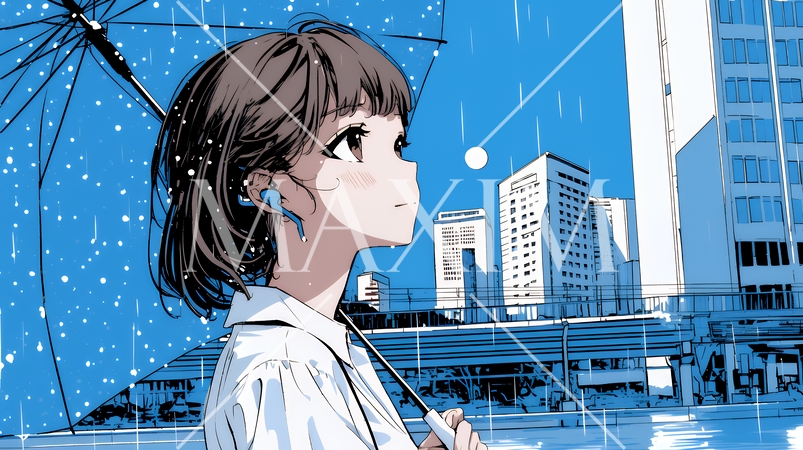 雨の日に傘をさして歩く若い女性