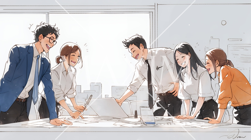 オフィスで立ったまま簡単な打合せをしているビジネスパーソン