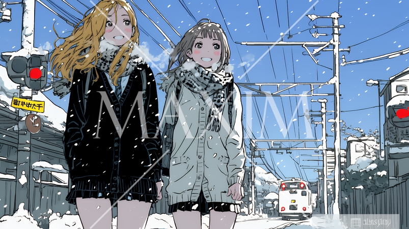 雪の日に友達と通学する女子高生