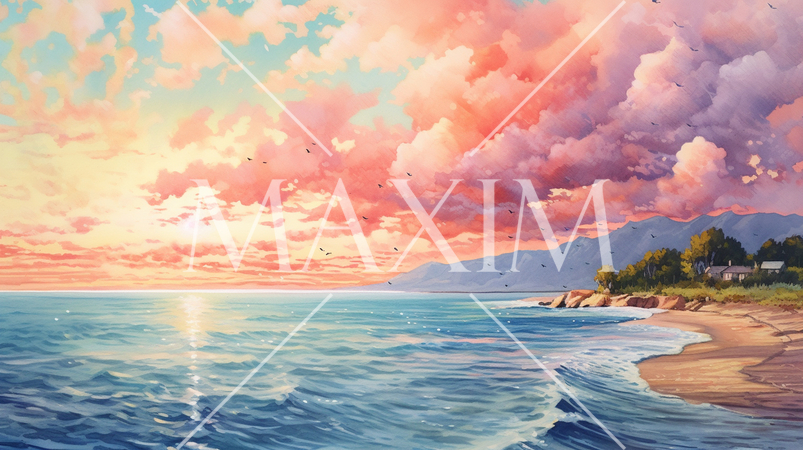 夏の海と空の水彩画