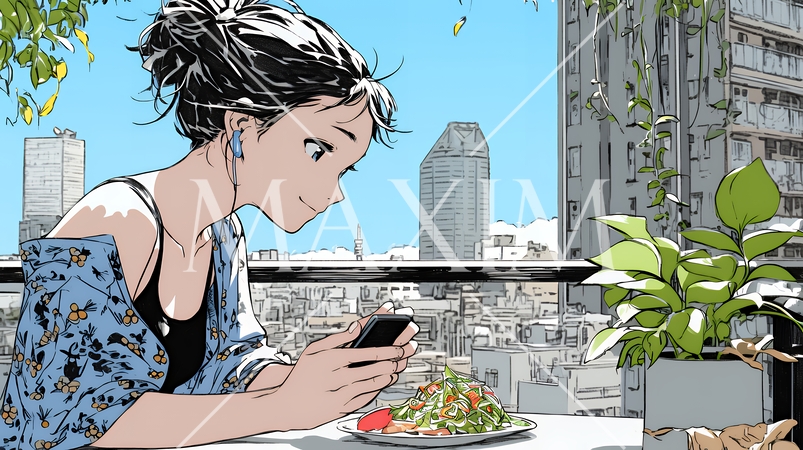 食事の最中もスマホを手放せない若い女性