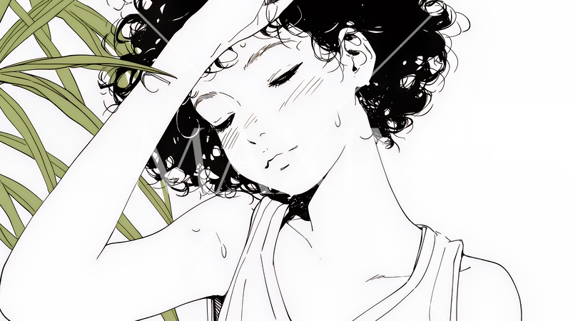 強烈な日差しでヘトヘト状態の女性（シンプルな色使い）