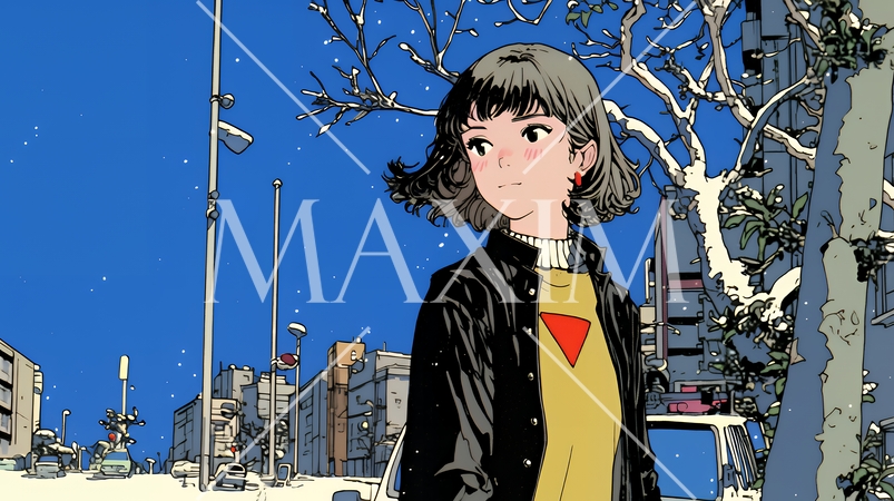 冬枯れの街を歩く若い女性