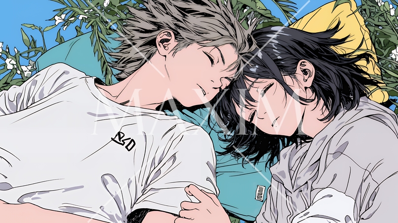 寄り添いながら穏やかに眠る若いカップル