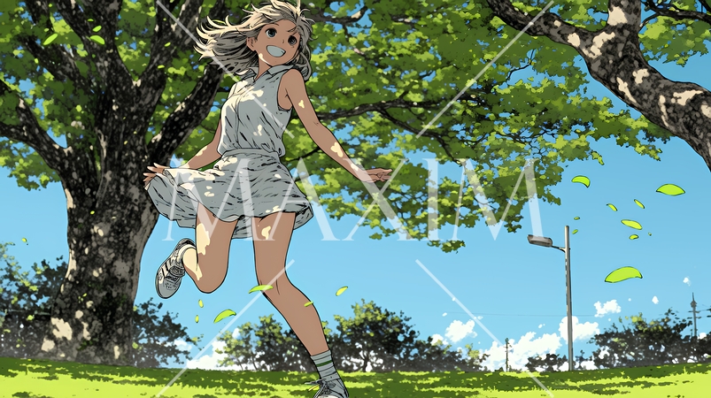 喜びにあふれ、軽やかにスキップする若い女性