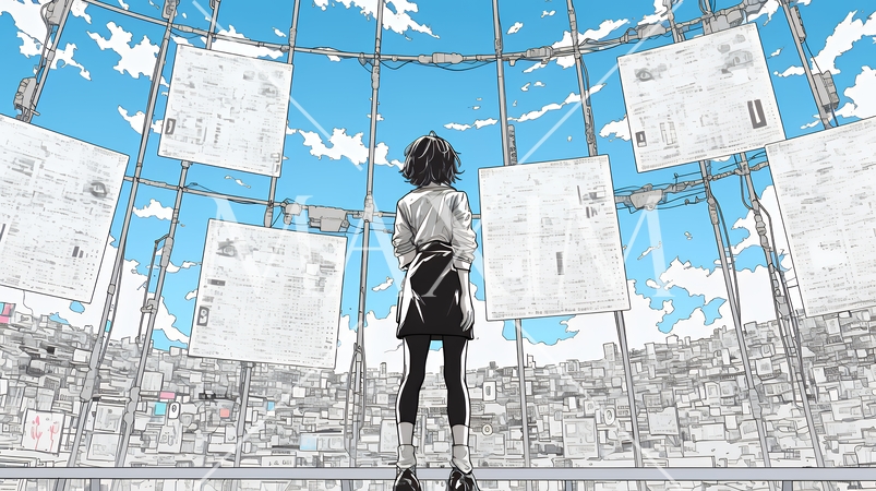 デジタルデータと日本人ビジネスウーマン｜AI・IT時代のテクノロジーイメージ（バイナリーコード）