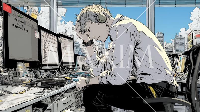 技術的な問題に直面し、肩をすくめて困惑している技術者