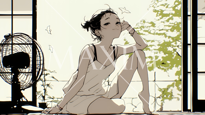 暑い夏の昼下がり、扇風機にあたって涼んでいる若い女性（シンプルな色使い）