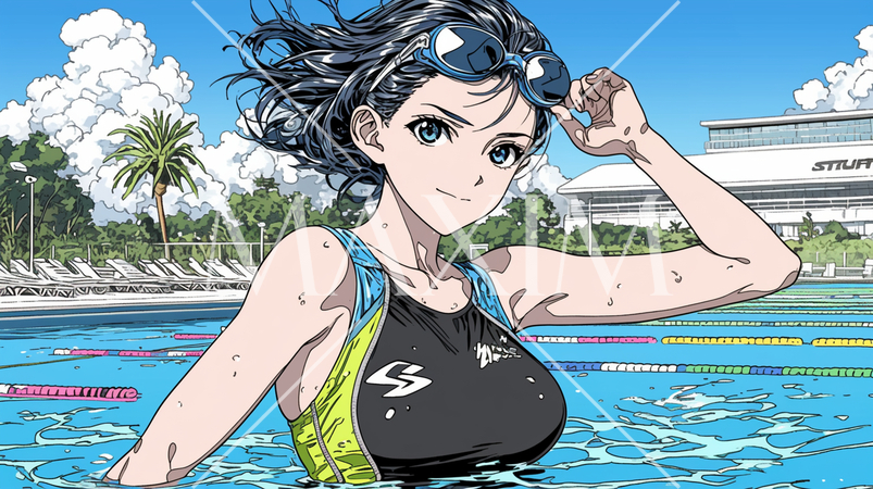 プールサイドに立つスクール水着姿の若い女性