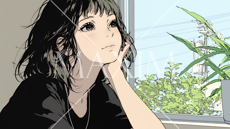 じっと遠くを見つめている若い女性