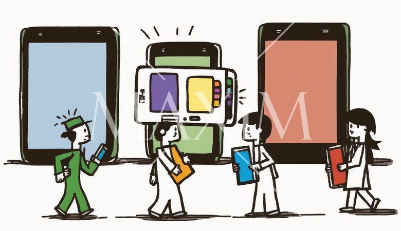 コンピューターと人間の交流：人がデバイスを操作する、情報交換の様子。漫画風。