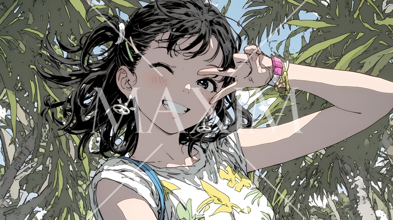 ウィンクしている女性：南国の木陰で