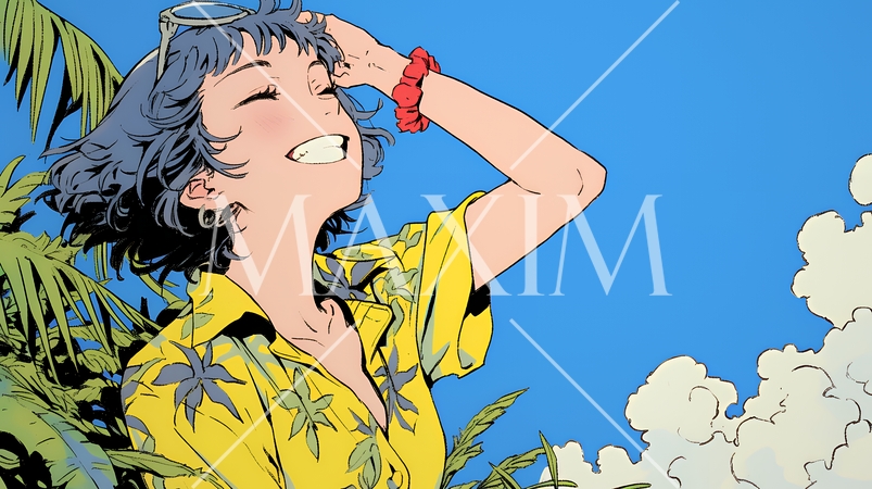 沖縄のかりゆしファッションを着て笑顔いっぱいの若い女性