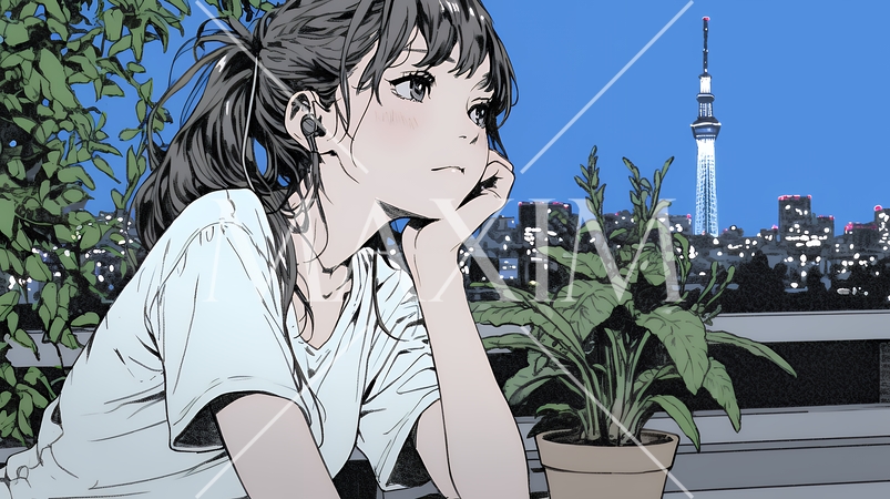 ベランダで夜風に当たりながら都会のランドスケープを眺め休む若い女性