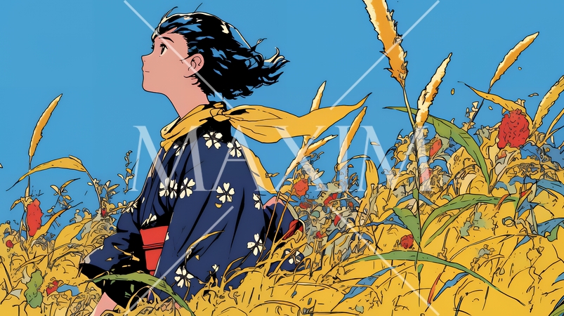 紅葉に包まれた中、着物を纏った若い女性が佇んでいる