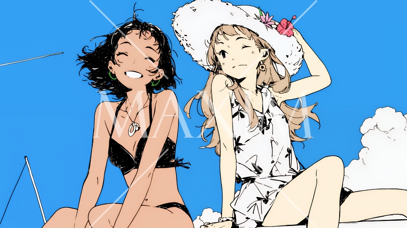 夏休みの思い出：友達と海水浴に行く（シンプルな色使い）