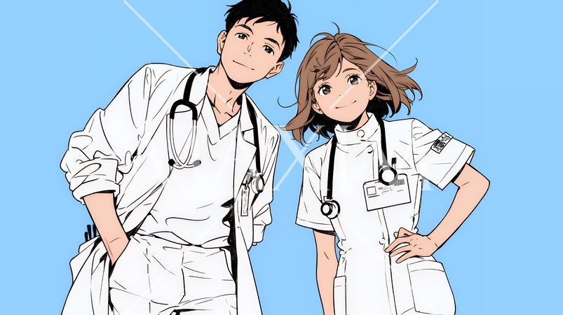 メディカルスタッフ：医師と看護師が打ち合わせ（シンプルな色使い）