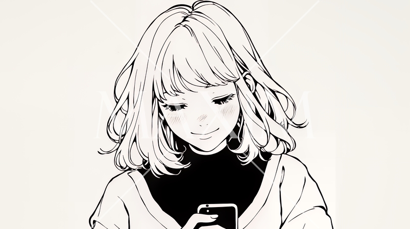 楽しそうにスマホ画面を眺めている若い女性（シンプルな色使い）