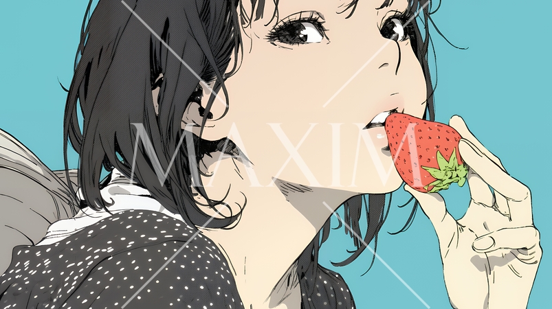 イチゴを摘んで食べている若い女性