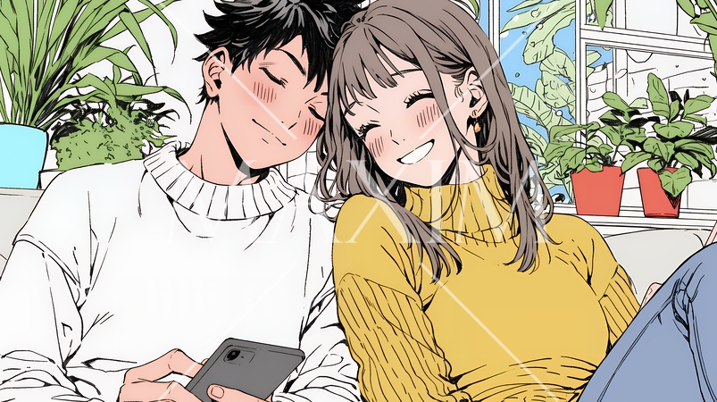 幸せそうに一緒にスマホを見る若いカップル