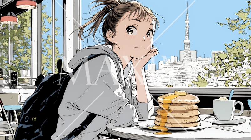 早朝のダイナー（喫茶店）でパンケーキ（モーニングセット）を食べる若い女性