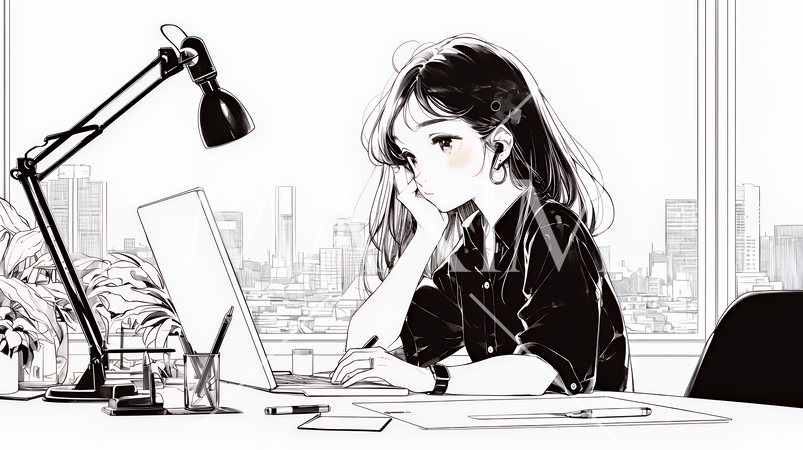 職場のデスクでパソコンに向かって仕事をしているビジネスウーマン（シンプルな色使い）